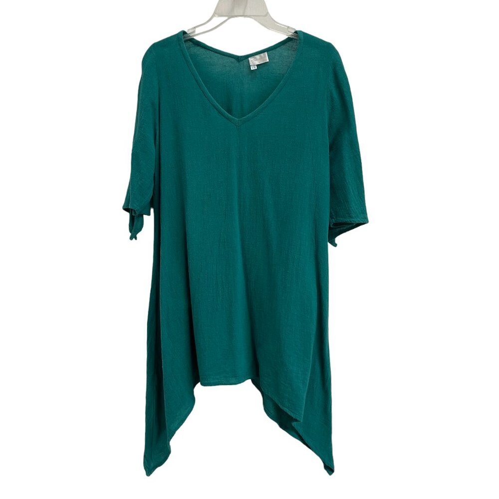 Fiaga Mexico Women Green Handkerchief Tunic Top Bell Shape Open Sleeves Cotton S